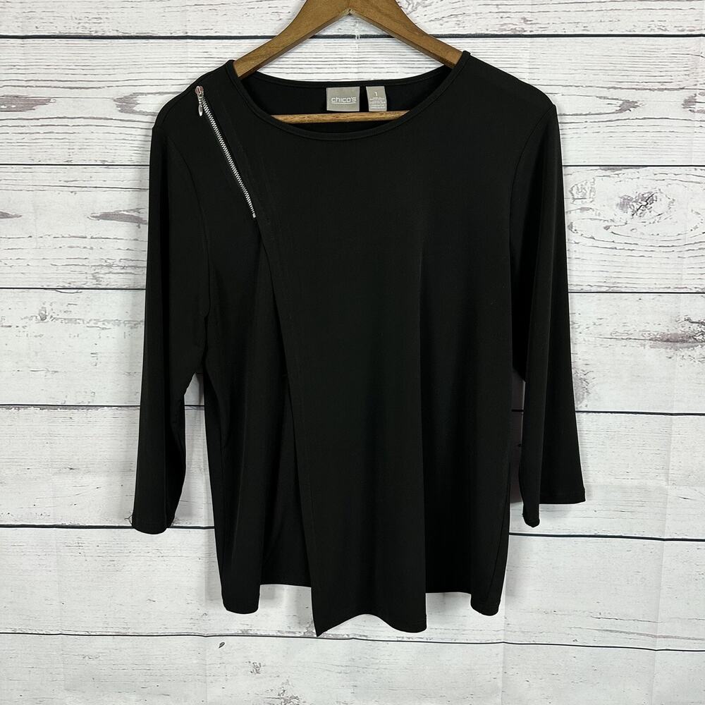Chicos Shirt Top‎ Womens Medium 1 Black Slinky Zipper Career Office Minimalist